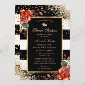 レッドエレガントローゼスグリッターSweet sixteen誕生日 招待状 (正面/裏面)