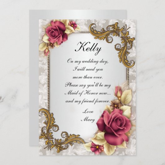 レッドエレガントローゼスメイド・オブ・オーナー(花嫁付き添い人)カード 招待状 (正面/裏面)