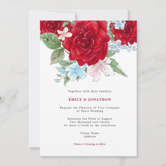 レッドエレガントローゼス花模様タイポグラフィ結婚ズ 招待状 (正面)