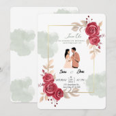 レッドエレガントローゼズ&カップルイラストレーション 招待状 (正面/裏面)