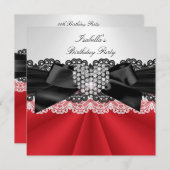 レッドエレガント白黒ダイヤモンドバースデーパーティー 招待状 (正面/裏面)