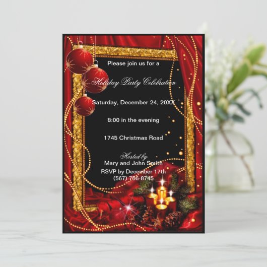 レッドエレガント金ゴールドクリスマスパーティの招待状 招待状 (スタンド正面)