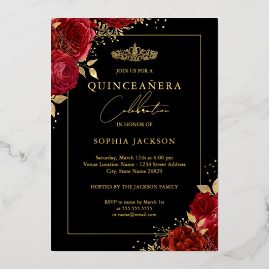 レッドエレガント金ゴールドフローラティアラキンセアニェラ 箔招待状 (正面)