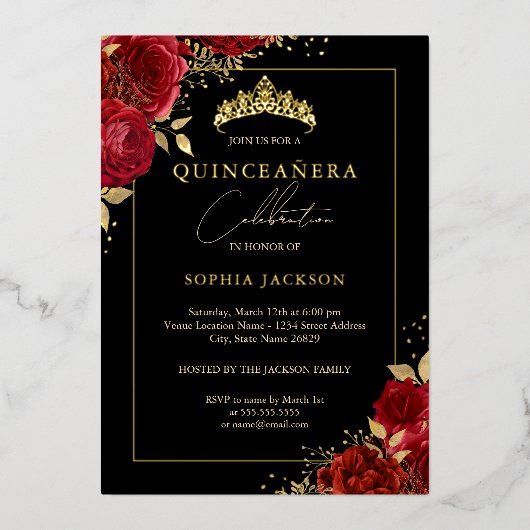 レッドエレガント金ゴールドフローラバラティアラキンセアニェラ 箔招待状 (正面)