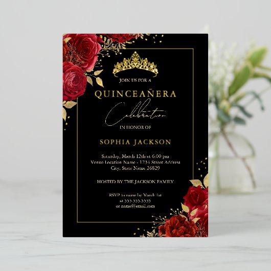 レッドエレガント金ゴールドフローラバラティアラキンセアニェラ 箔招待状 (立ち正面)