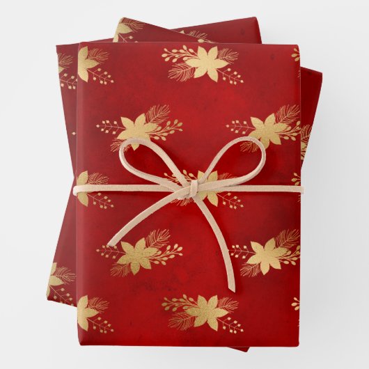 レッドエレガント金ゴールドポインセチアブーケクリスマス ラッピングペーパーシート (インサイチュ)