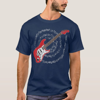 レッドエレクトリックギターのスパイラルミュージカルノート Tシャツ