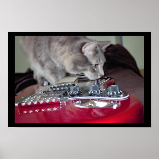 レッドエレクトリックギターの猫 ポスター (正面)