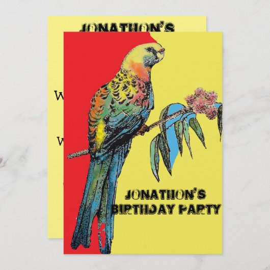 レッドオウム誕生日子供ボーイズ招待状イエロー 招待状 (正面/裏面)