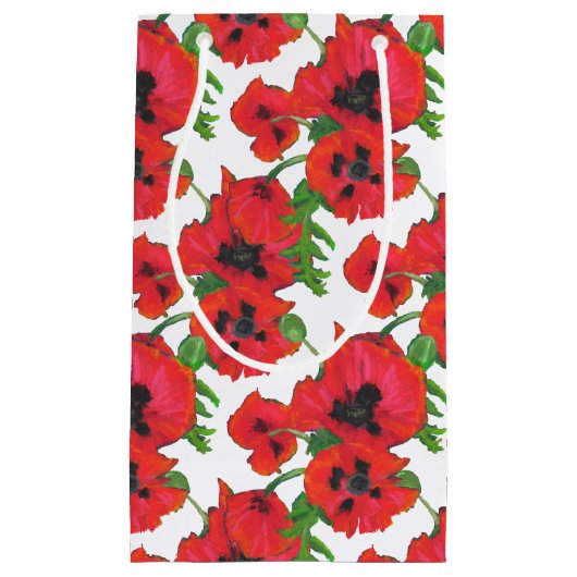 レッドオリエンタルポピーフローラオン白へカスタマイズ スモールペーパーバッグ (正面)