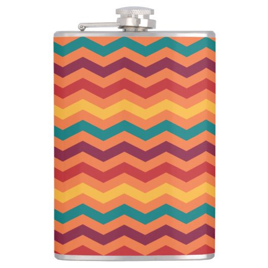 レッドオレンジイエローティール（緑がかった色）ブルゴーニュジグザググストライプ フラスク (正面)