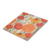 レッドオレンジイエローフローラホワイトデイジー素朴ウッド タイル (側面)