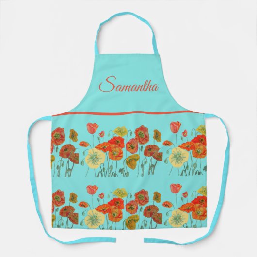 レッドオレンジイエローポピズフラワーフローラアートアクア エプロン (正面)
