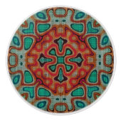 レッドオレンジターコイズブルーグリーンエスニック族アート セラミックノブ (正面)