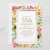 レッドオレンジフローラ葉グリーン金ゴールド70th誕生日 招待状 (正面)