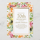 レッドオレンジフローラ葉グリーン金ゴールド70th誕生日 招待状 (正面/裏面)