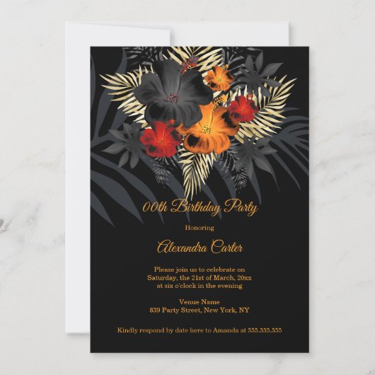 レッドオレンジブラックハイビスカスフラワーズ誕生日 招待状 (正面)