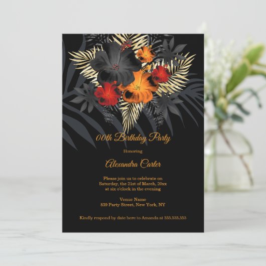 レッドオレンジブラックハイビスカスフラワーズ誕生日 招待状 (スタンド正面)