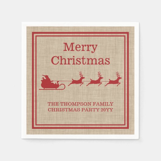 レッドオンベージュサンタのそりのクリスマスシルエット スタンダードカクテルナプキン (正面)