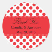 レッドオンホワイト水玉模様サンキュー結婚ズ ラウンドシール (正面)