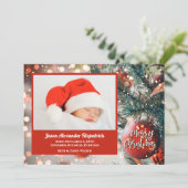 レッドオーナメントオンクリスマスツリーホリデーフォトカード シーズンカード (スタンド正面)