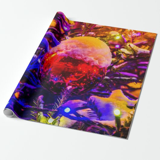 レッドオーナメントボール、スノーキャップ ラッピングペーパー (アンロールド)