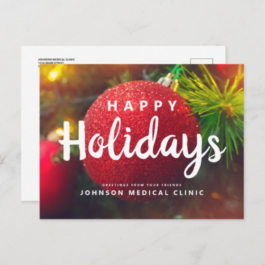 レッドオーナメントメディカルクリニックホリデーグリーティング ポストカード (正面/裏面)