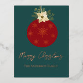 レッドオーナメントメリークリスマスバラ金ゴールド 箔シーズンポストカード (正面)