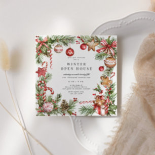 レッドオーナメント縁どグリースクエアオープンハウス 招待状