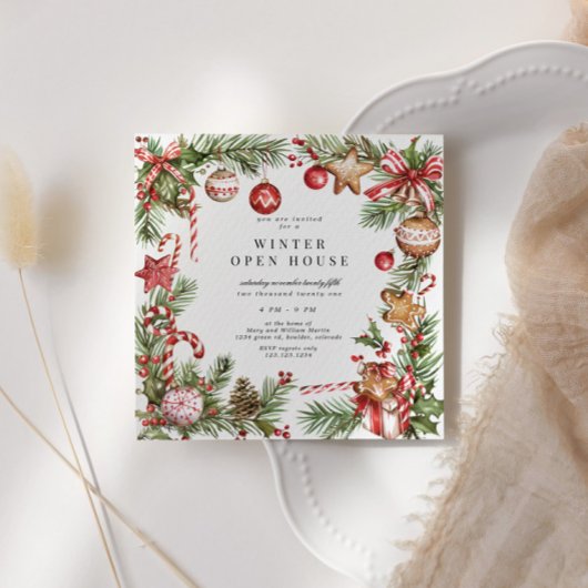 レッドオーナメント縁どグリースクエアオープンハウス 招待状