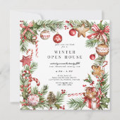 レッドオーナメント縁どグリースクエアオープンハウス 招待状 (正面)