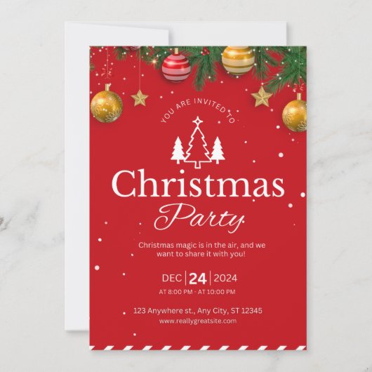 レッドオーナメント&ガーランドクリスマスパーティの招待状 招待状 (正面)