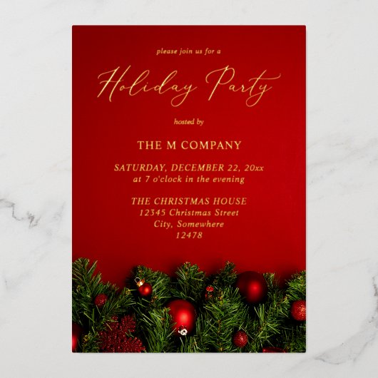 レッドオーナメント&ガーランドホリデイ 箔招待状 (正面)