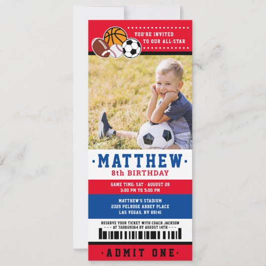 レッドオールスタースポーツチケット誕生日パーティー写真 招待状 (正面)