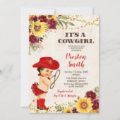 レッドカウガールブラウンヘアーローズ＆ひまわりベビーシャワー 招待状 (正面)