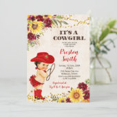 レッドカウガールブラウンヘアーローズ＆ひまわりベビーシャワー 招待状 (スタンド正面)