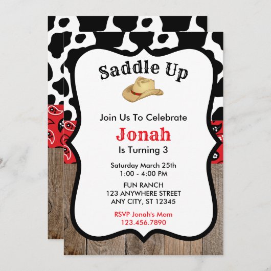 レッドカウボーイロデオ誕生日招待状 招待状 (正面/裏面)