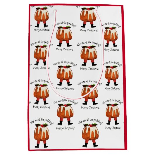 レッドカスタムおもしろいプディングメリークリスマス ミディアムペーパーバッグ (正面)