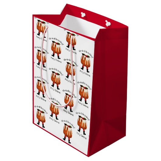 レッドカスタムおもしろいプディングメリークリスマス ミディアムペーパーバッグ (裏面アングル)
