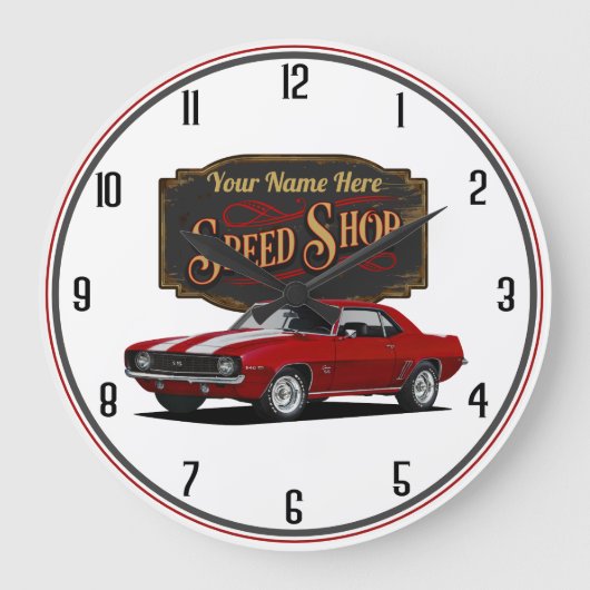 レッドカマパーソナライズされたロスピードショップ ラージ壁時計 (正面)
