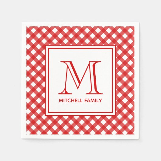 レッドカントリースタイルギンガムパタモノグラムのーン スタンダードカクテルナプキン (正面)