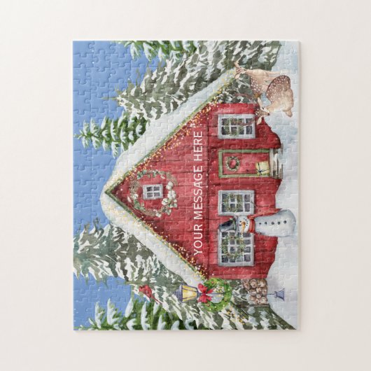 レッドカントリーハウススノーホリデーシーパーソナライズされたン ジグソーパズル (縦)