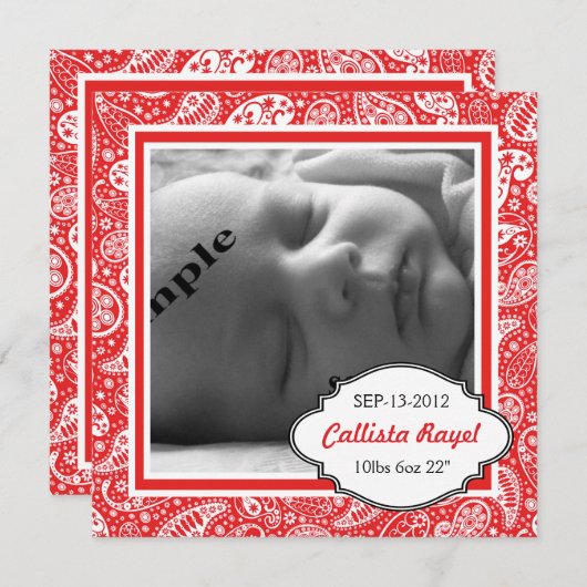 レッドカントリーペイズリーフォト誕生とベビーシャワー 招待状 (正面/裏面)