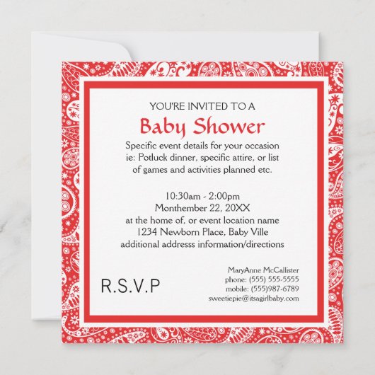 レッドカントリーペイズリーフォト誕生とベビーシャワー 招待状 (裏面)