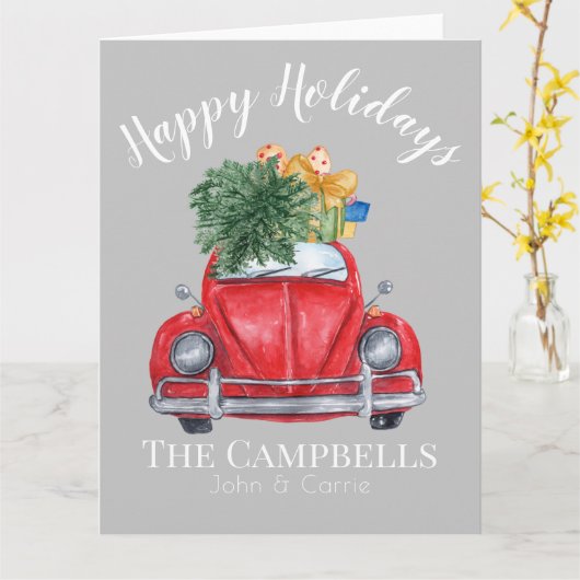 レッドカーとクリスマスツリーのカスタマイズ可能 カード (黄色い花)