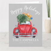 レッドカーとクリスマスツリーのカスタマイズ可能 カード (正面)