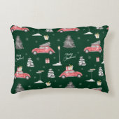 レッドカーウィンターパターンメリークリスマスグリーン アクセントクッション (正面)