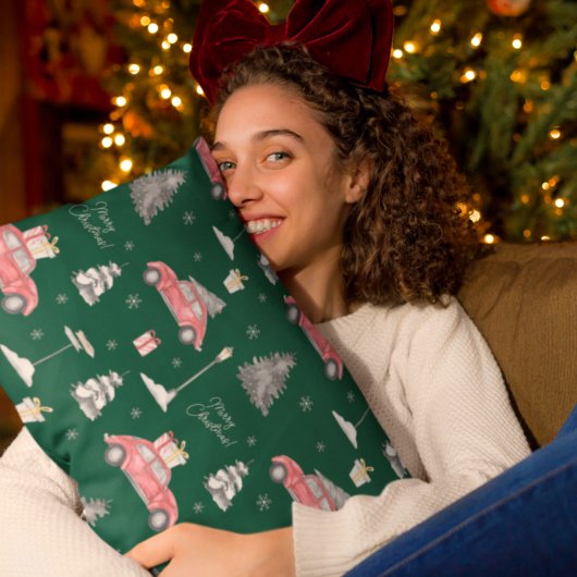 レッドカーウィンターパターンメリークリスマスグリーン アクセントクッション