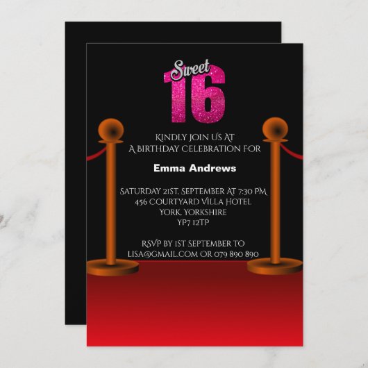 レッドカーエレガントペットスイート16パーティの招待状 招待状 (正面/裏面)