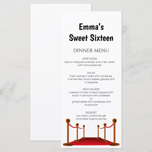 レッドカーエレガントペットハリウッドスウィート16誕生日 メニュー (正面/裏面)